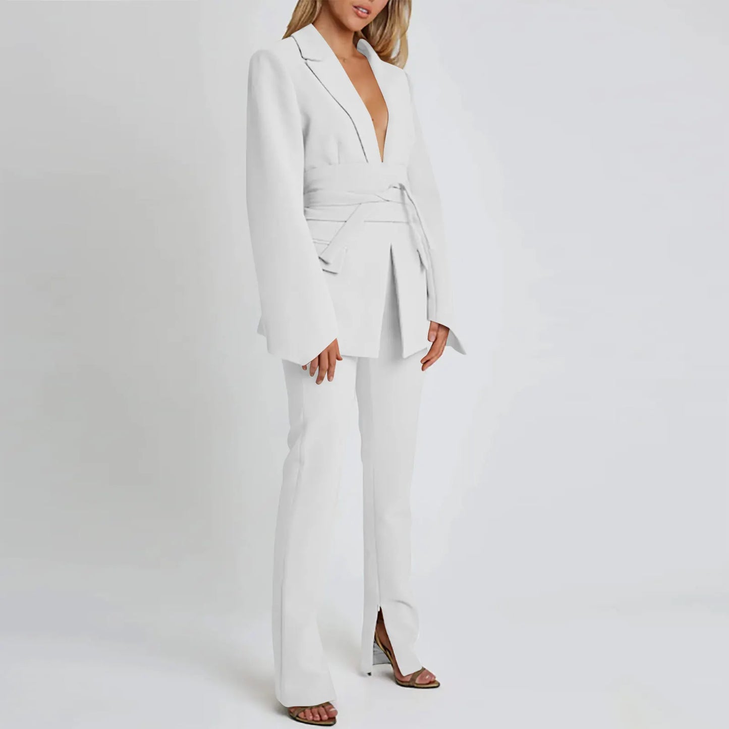 Faionable Casual Women's Suit Spring 2024 Pure Color Belted Street Sle Long Sve Office Wear Tee Button Cuff