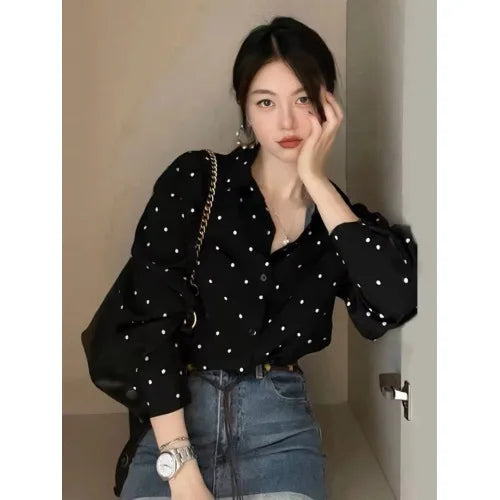 Retro Polka Dot Button up irt Spring 2025 New Hepburn Sle Loose Long Sve Open Cardigan Top Trendy Commute Straight Cut