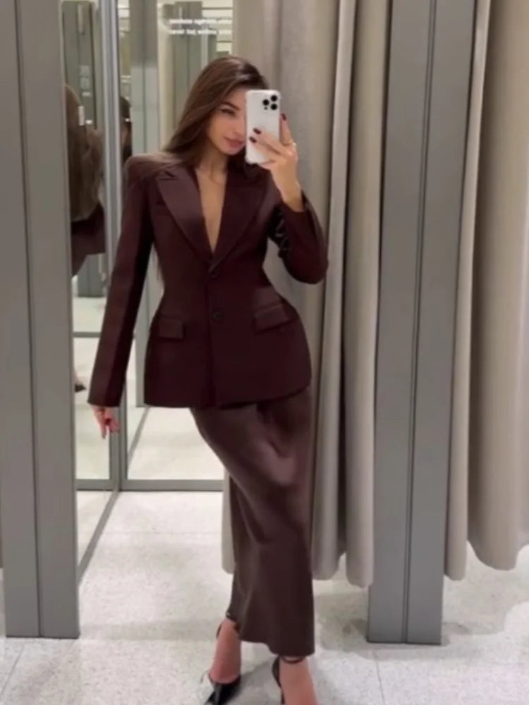 Elegant Suit Jacket Mini Skirt Sets Women Slim Waisted Blazers High Waist A-line Skirt 2025 Autumn Lady Fashion Office Outfits