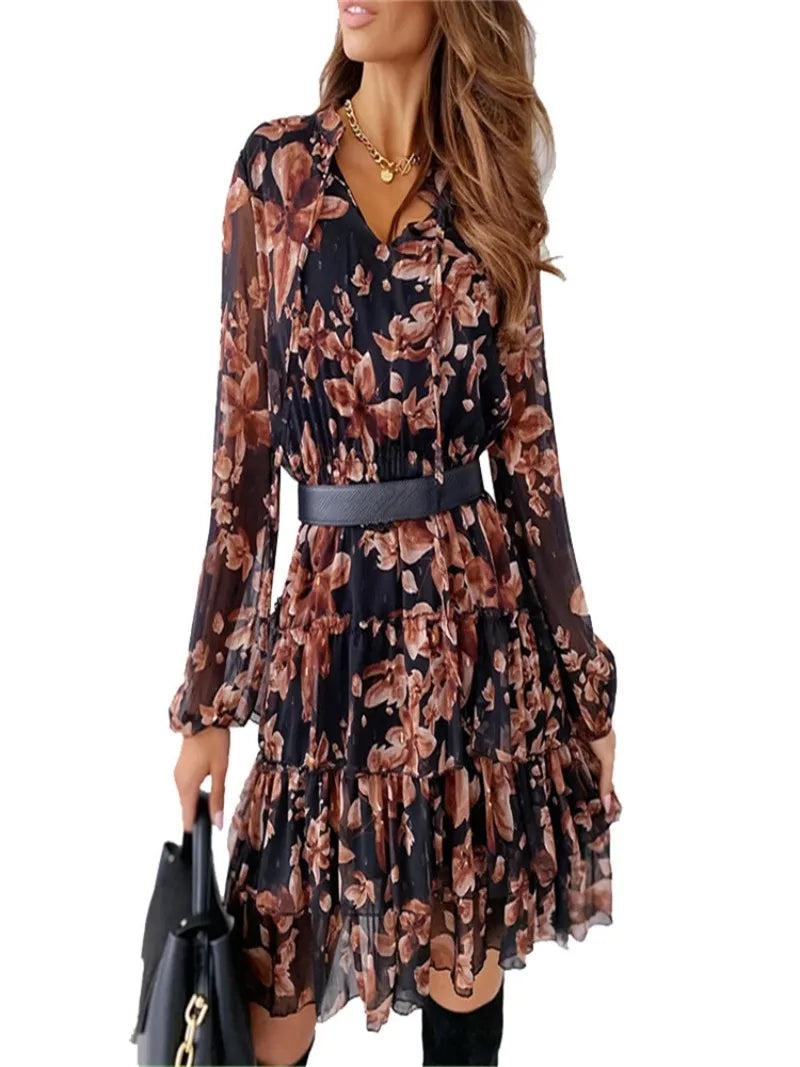 Women Floral Print Pleated Dress V-neck Long Sleeve Ruffled A-line Wrapped Dress Spring Summer Vacation Beach Dresses Streetwear