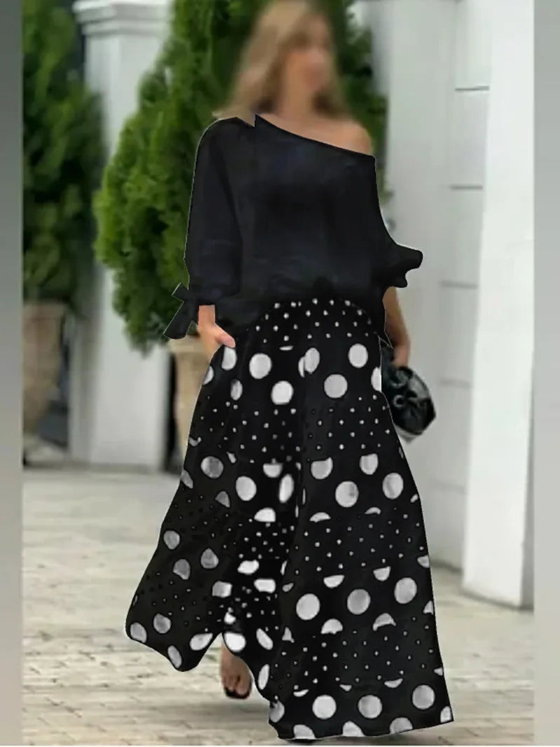 Fashion High Street Outfits Casual Diagonal Neck Hollow Top with Wide Leg Pants Sets Summer Loose Polka Dot Printed Women Suit
