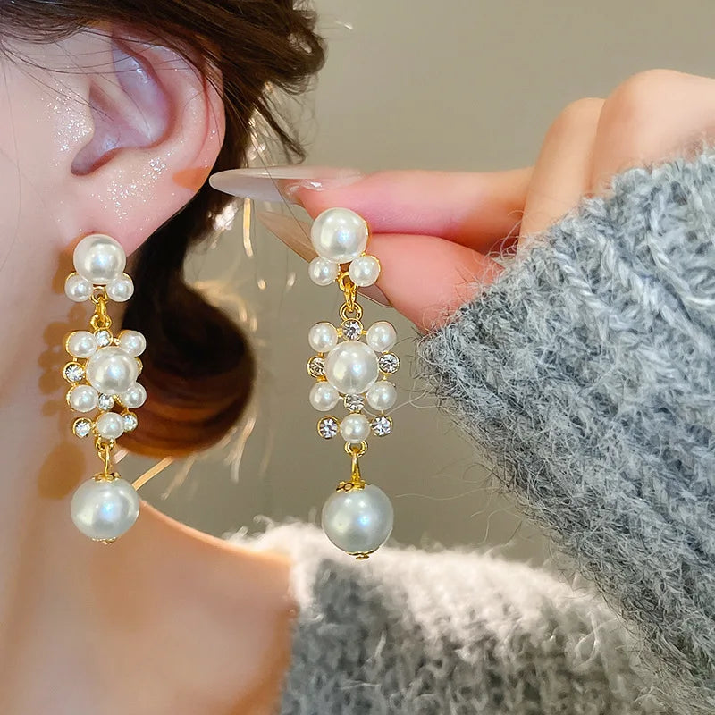 Inlaid Rhinestone Pearl Tassel Earrings for Women 2025 New High-end Fashion Versatile Drop Earring Luxury Designer Jewelry