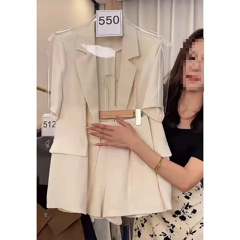 Millet White Short Sleeve Suit Set Women Summer New Style Elegant Thin Short Sleeve Suit Shorts Two Piece Set Polyester Fiber