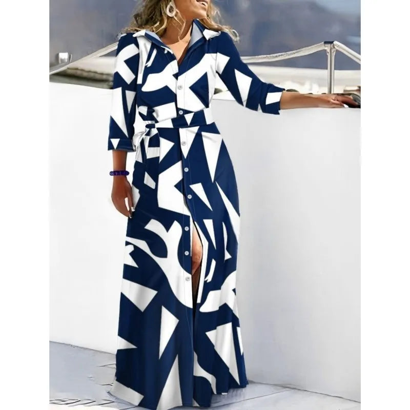 2025 Spring New Fashion Long Sleeved Print Lace-Up Shirt Dress For Women Turn Down Collar Single Breasted Maxi Dress Femme Robe