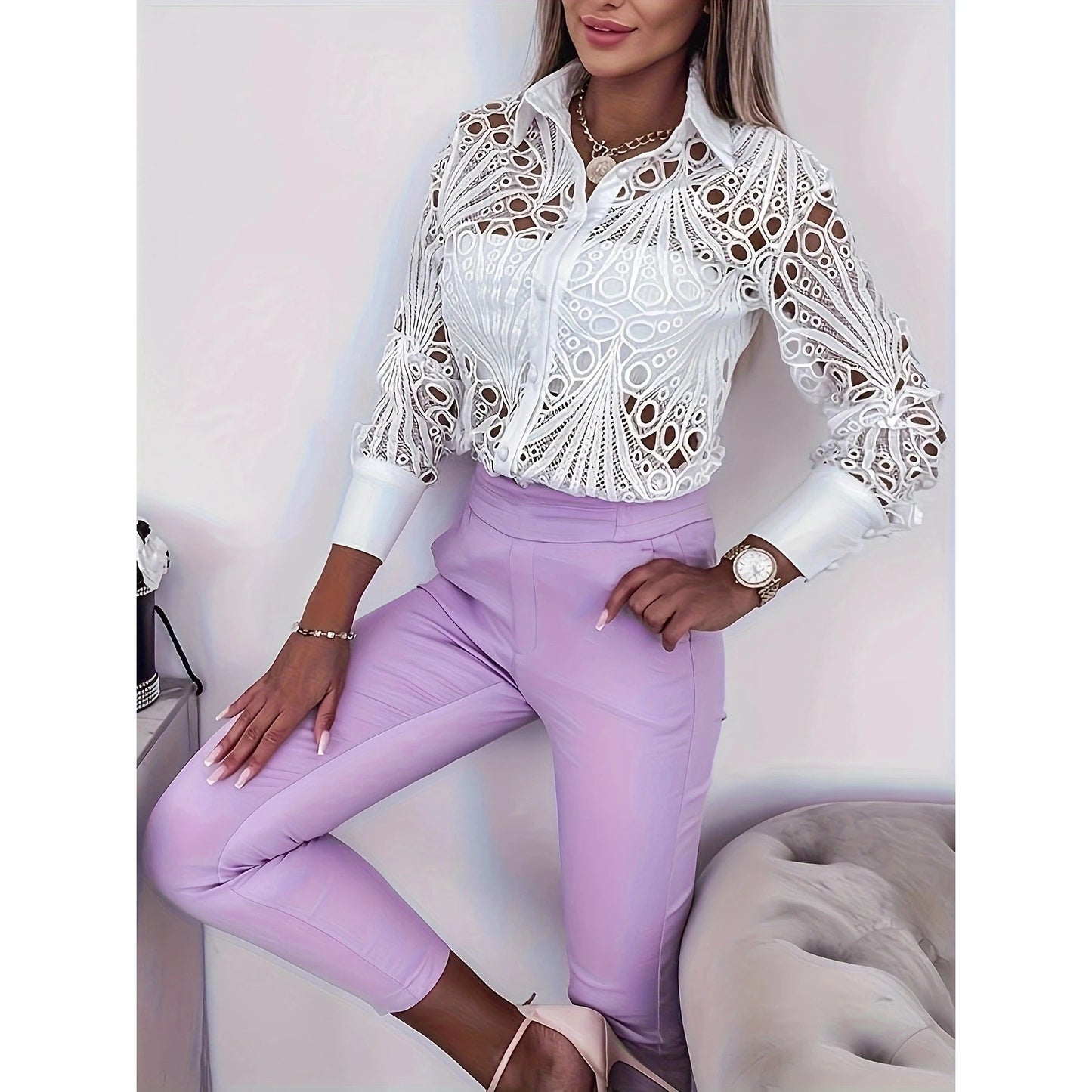 Faionable Long Sve Lace Trim Loose Casual Sle Women's irt Spring Autumn New Arrival Versatile Top Trendy