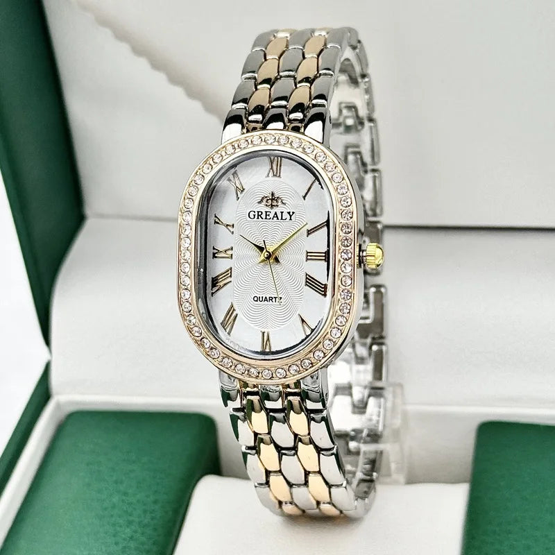 Ladies Watches Fashion Luxury Wrist Watch Diamond Encrusted Oval Roman Numeral Dial Couple Quartz Watch Women Clock Gifts