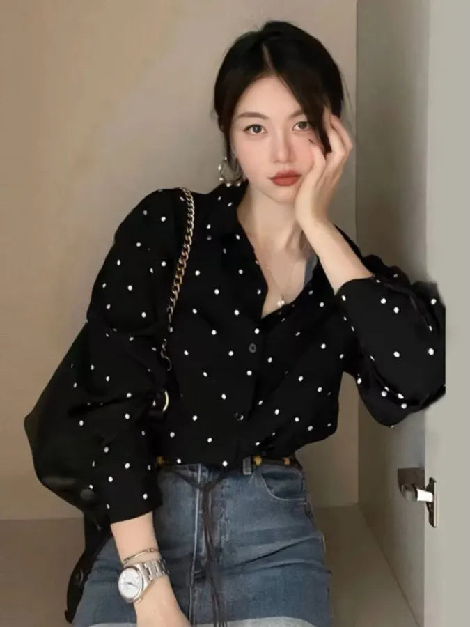 Retro Polka Dot Button up irt Spring 2025 New Hepburn Sle Loose Long Sve Open Cardigan Top Trendy Commute Straight Cut