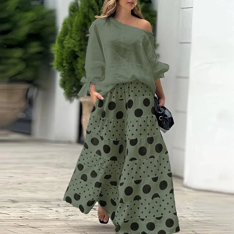 Fashion High Street Outfits Casual Diagonal Neck Hollow Top with Wide Leg Pants Sets Summer Loose Polka Dot Printed Women Suit