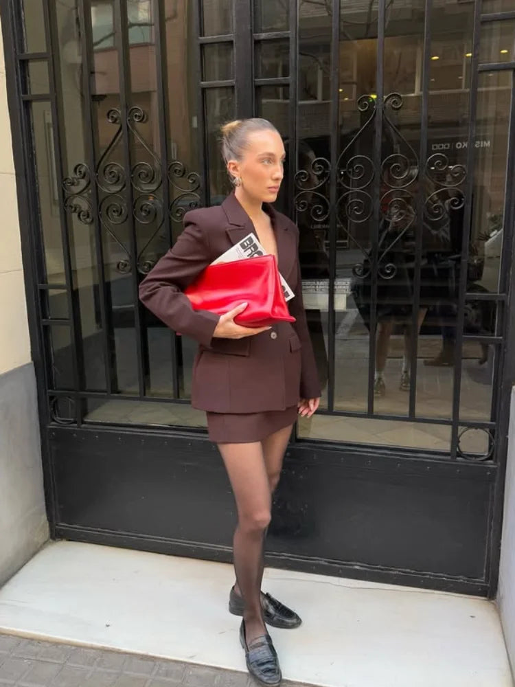 Elegant Suit Jacket Mini Skirt Sets Women Slim Waisted Blazers High Waist A-line Skirt 2025 Autumn Lady Fashion Office Outfits