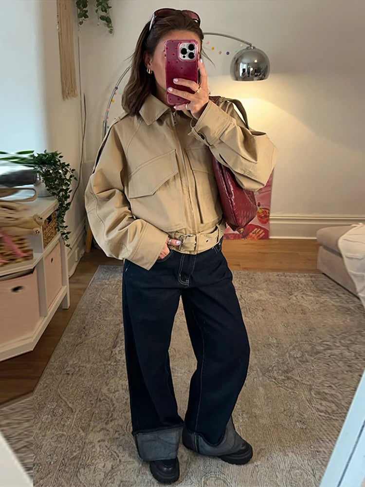 Zipper Lapel Women Coat Full Sleeve Pocket Lady Jacket 2025 Fashion Vintage Elegant All Match Autumn Loose Female Outwear