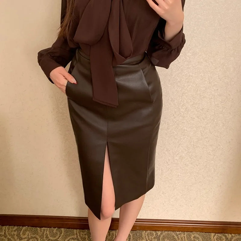 Women's Spring Summer Brown Chiffon Blouse Bow Tie Collar Oversized Tops Female Elegant Shirts Female 2025