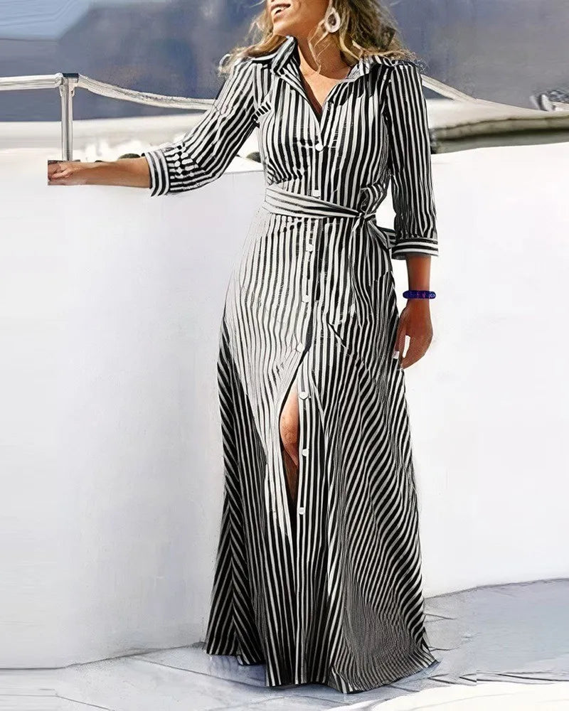 2025 Spring New Fashion Long Sleeved Print Lace-Up Shirt Dress For Women Turn Down Collar Single Breasted Maxi Dress Femme Robe