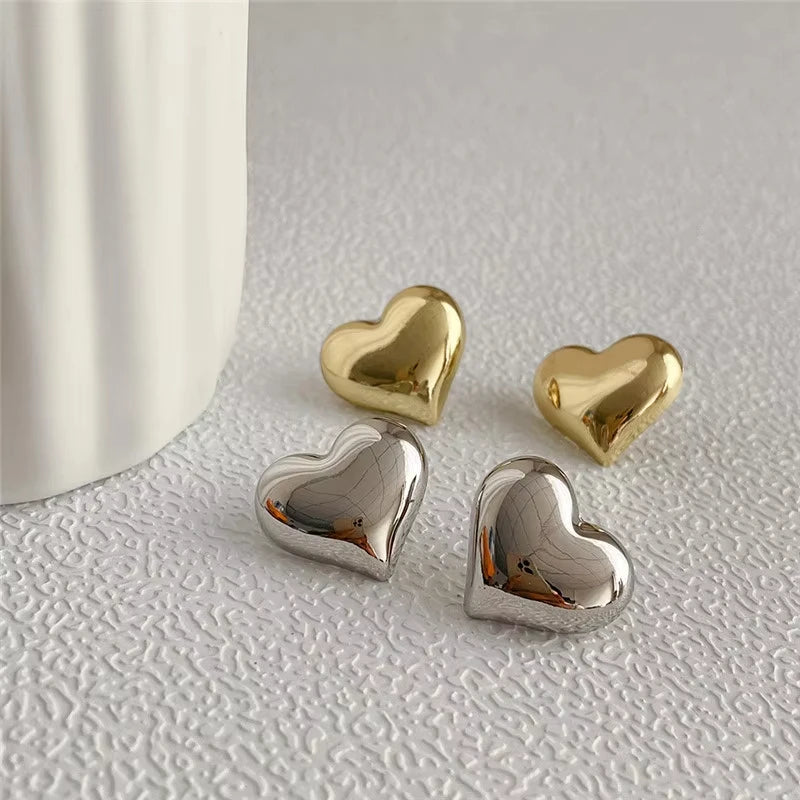 FTCY Gold Color Metal Heart Stud Earrings for Women Simple Design Trendy Elegant Wedding Bride Jewelry Girl Gift