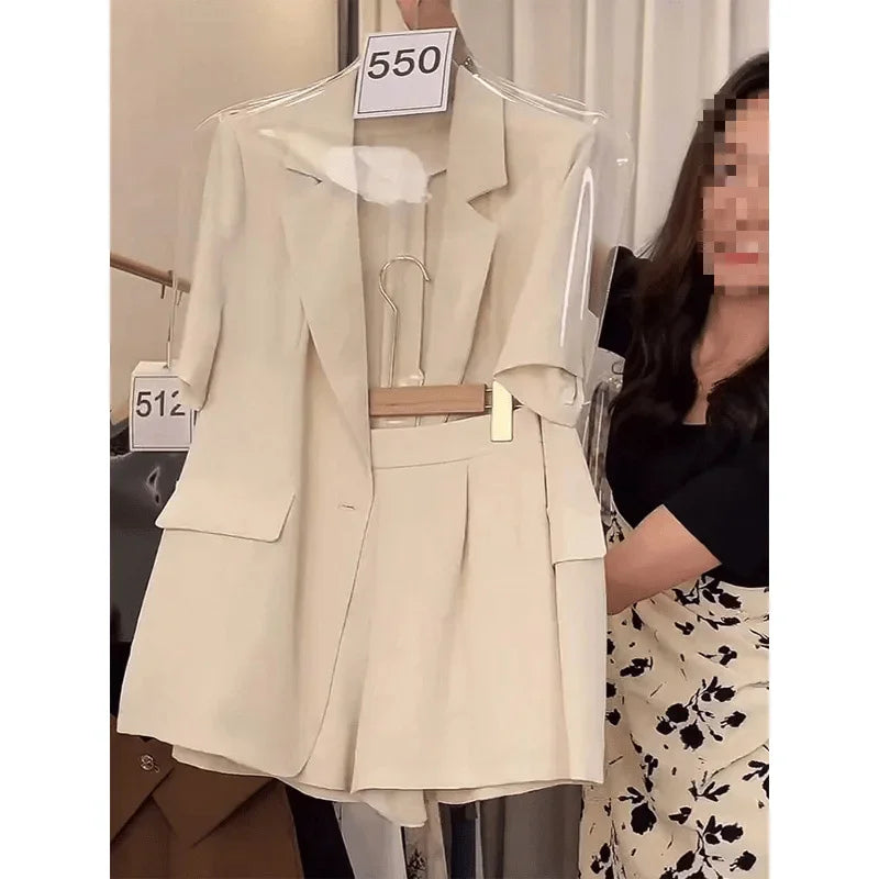 Millet White Short Sleeve Suit Set Women Summer New Style Elegant Thin Short Sleeve Suit Shorts Two Piece Set Polyester Fiber