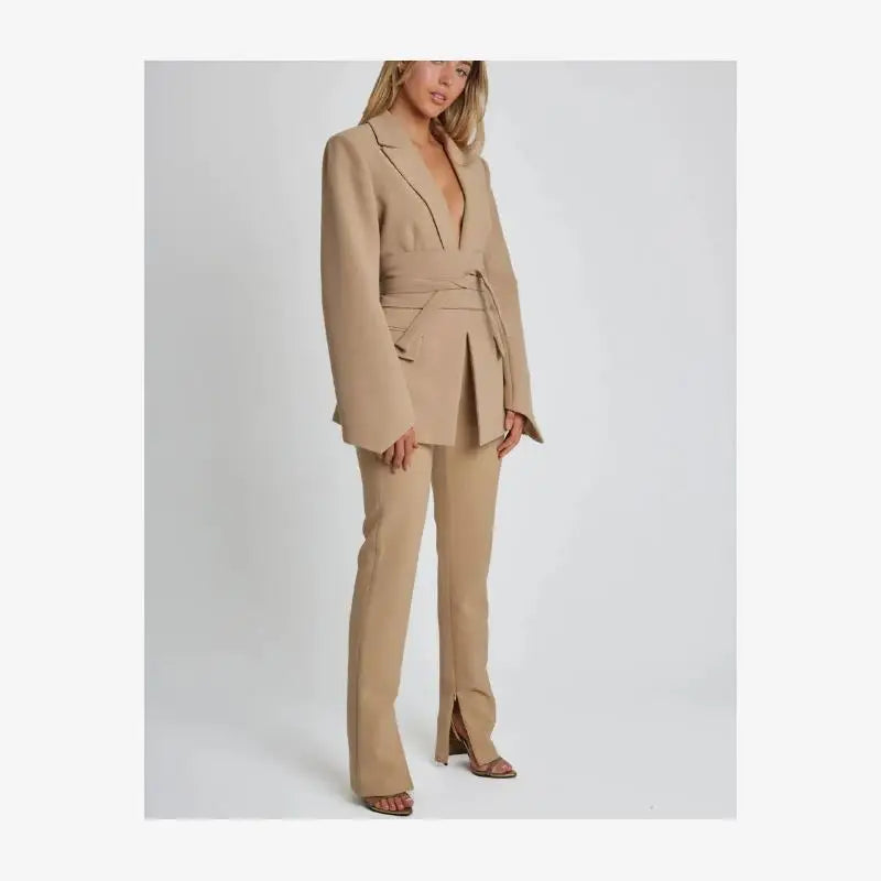 Faionable Casual Women's Suit Spring 2024 Pure Color Belted Street Sle Long Sve Office Wear Tee Button Cuff