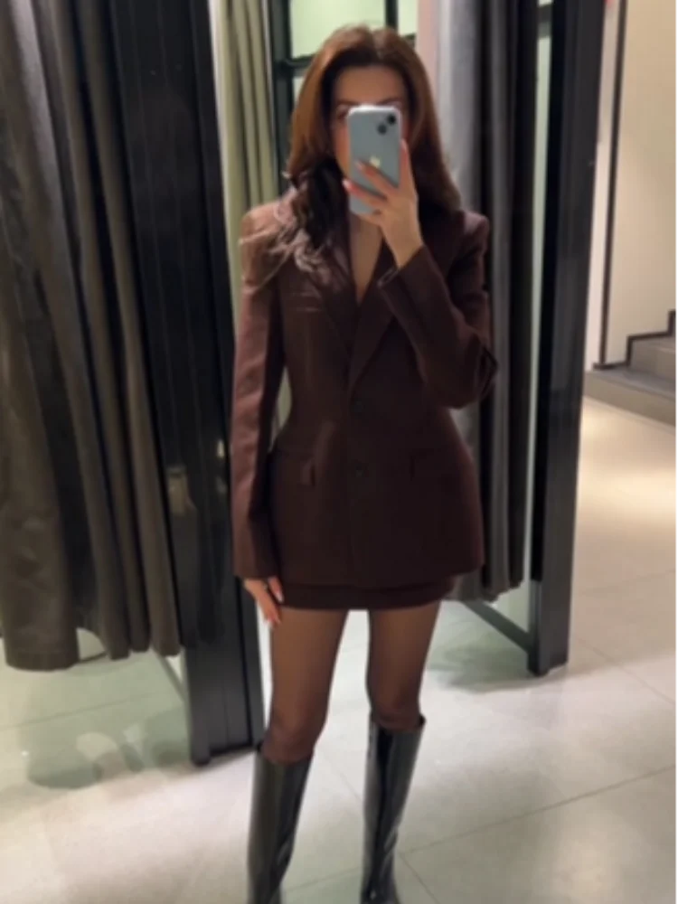 Elegant Suit Jacket Mini Skirt Sets Women Slim Waisted Blazers High Waist A-line Skirt 2025 Autumn Lady Fashion Office Outfits