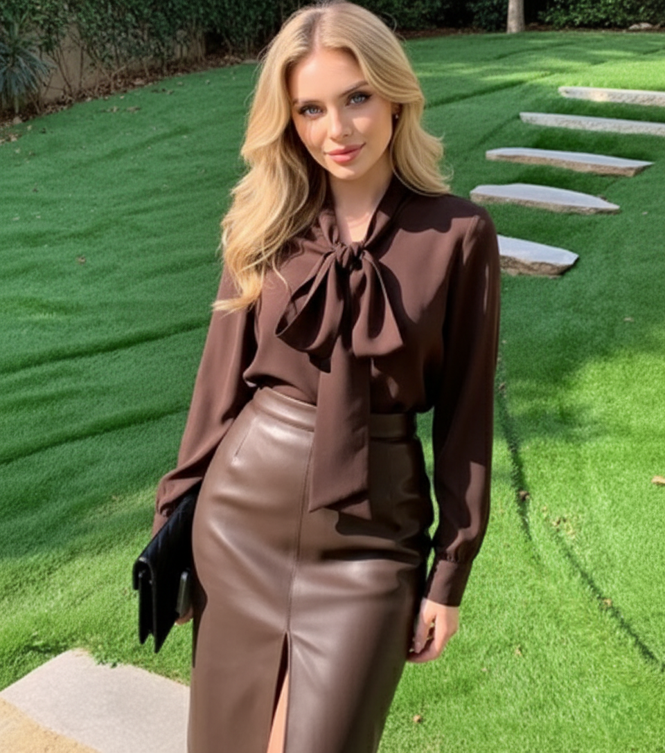 Pussybow Blouse & Faux Leather Skirt Set