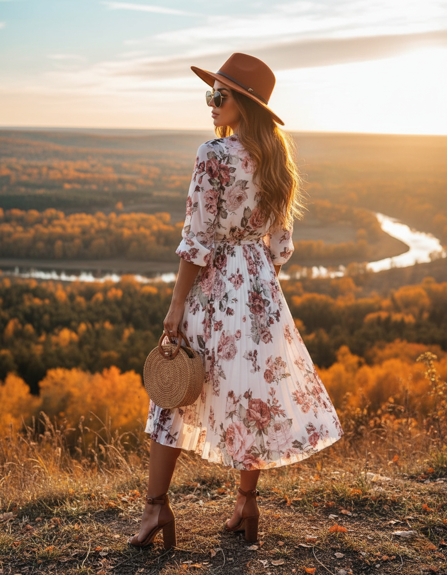 Rose Print Pleated Midi Dress