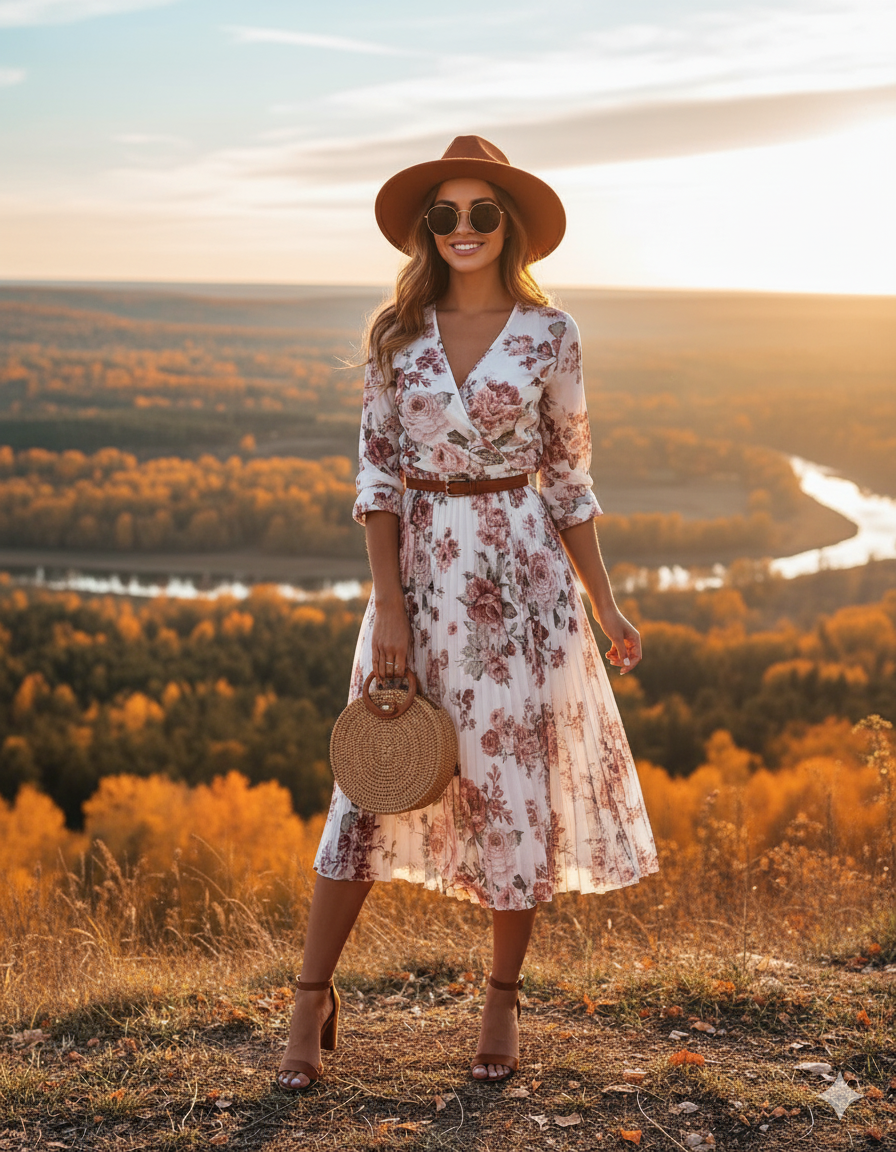 Rose Print Pleated Midi Dress