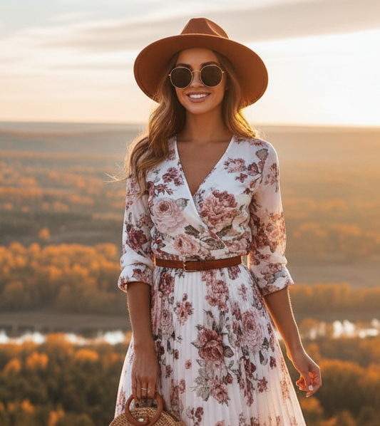 Rose Print Pleated Midi Dress