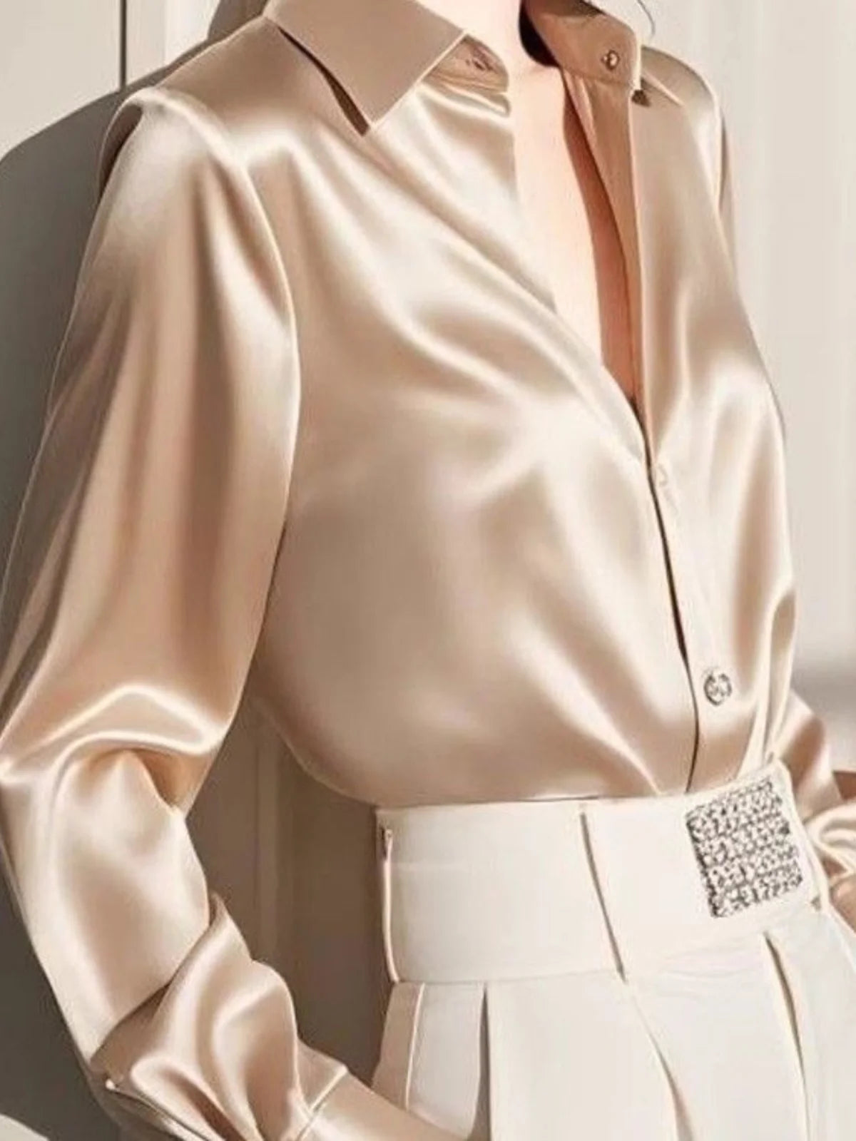 Ele Long Sve Satin irt Women's  Collar Versatile Slimming Profional Top for Early Spring Commute Faion