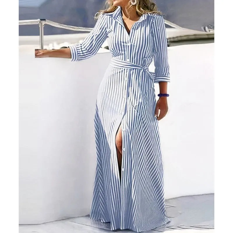 2025 Spring New Fashion Long Sleeved Print Lace-Up Shirt Dress For Women Turn Down Collar Single Breasted Maxi Dress Femme Robe