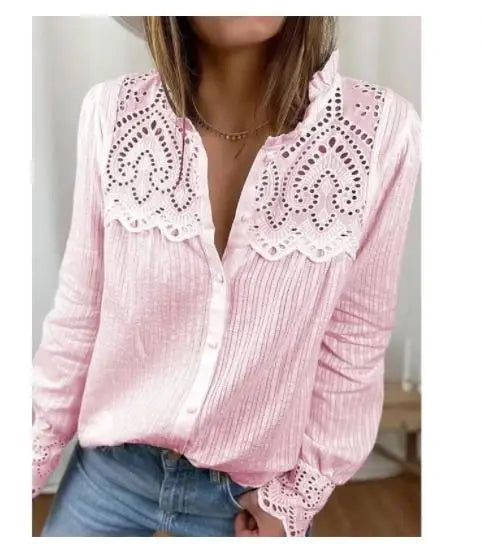 Casual round Ne Lace Patchwork irt Women's Long Sve Street Sle Polyester Fabric Cool Sensation Regular Fit T-irt