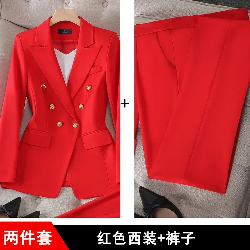 Elegant 2 Piece Set Women's Clothing Double-breasted  Blazer Coat High Waist Straight  Pants Suit Korean Femme Office Outfits