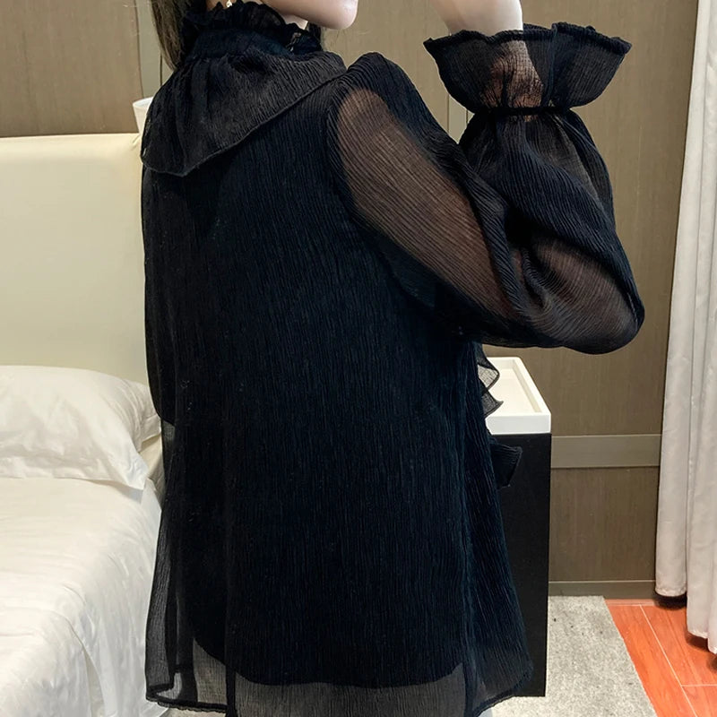New Elegant Autumn Women's Solid Color Long Sleeve Shirt Lace Office Casual Flared Sleeve Half Turtleneck Top 12946