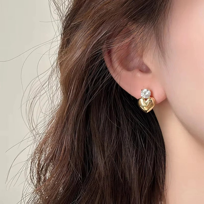 FTCY Gold Color Metal Heart Stud Earrings for Women Simple Design Trendy Elegant Wedding Bride Jewelry Girl Gift