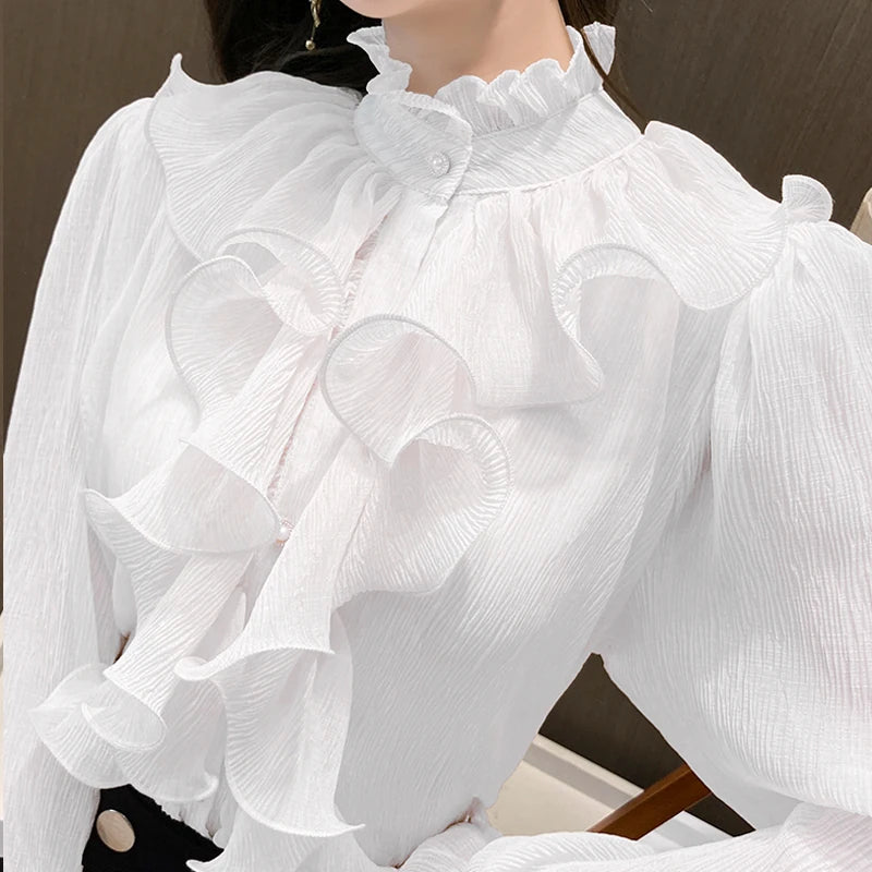 New Elegant Autumn Women's Solid Color Long Sleeve Shirt Lace Office Casual Flared Sleeve Half Turtleneck Top 12946