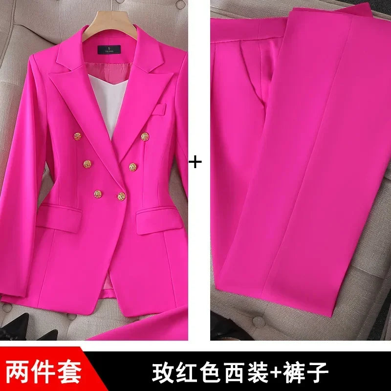 Elegant 2 Piece Set Women's Clothing Double-breasted  Blazer Coat High Waist Straight  Pants Suit Korean Femme Office Outfits