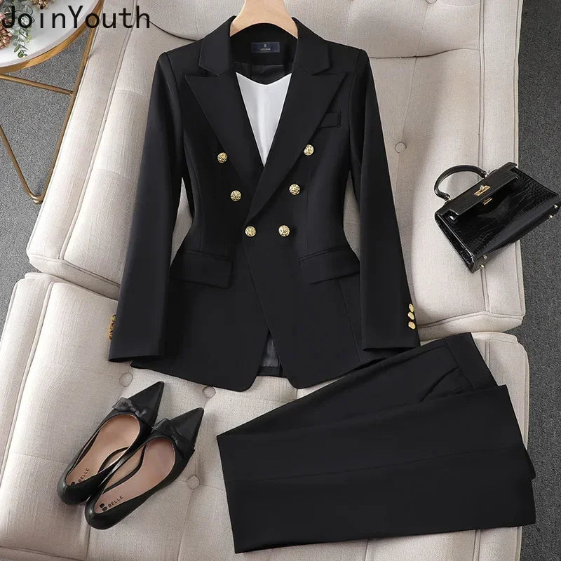 Elegant 2 Piece Set Women's Clothing Double-breasted  Blazer Coat High Waist Straight  Pants Suit Korean Femme Office Outfits