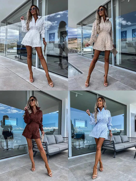 Fashion Lace Two Piece Set Casual Stand Collar Button Long Sleeved Top High Waist Shorts Set Elegant Commuter Women Clothing