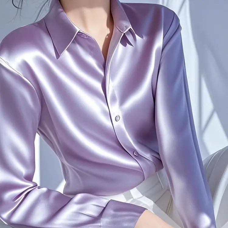 Ele Long Sve Satin irt Women's  Collar Versatile Slimming Profional Top for Early Spring Commute Faion
