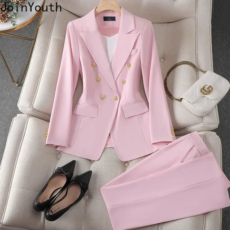 Elegant 2 Piece Set Women's Clothing Double-breasted  Blazer Coat High Waist Straight  Pants Suit Korean Femme Office Outfits