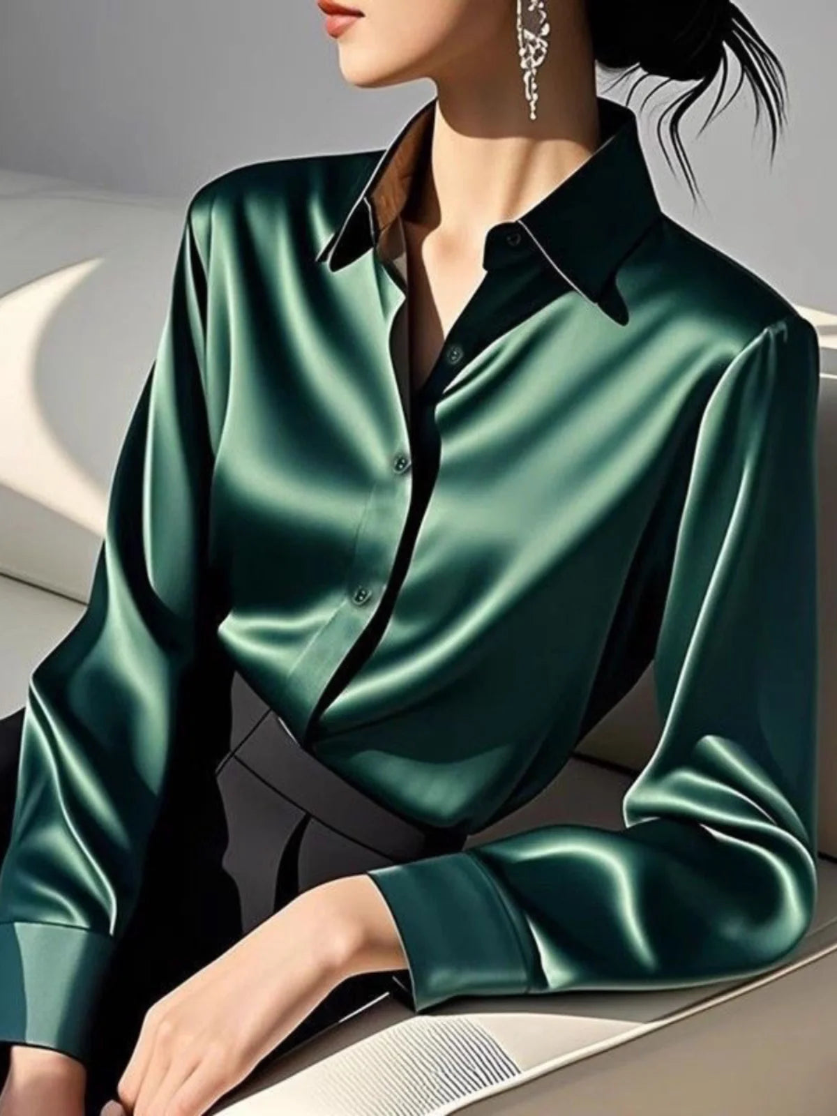 Ele Long Sve Satin irt Women's  Collar Versatile Slimming Profional Top for Early Spring Commute Faion