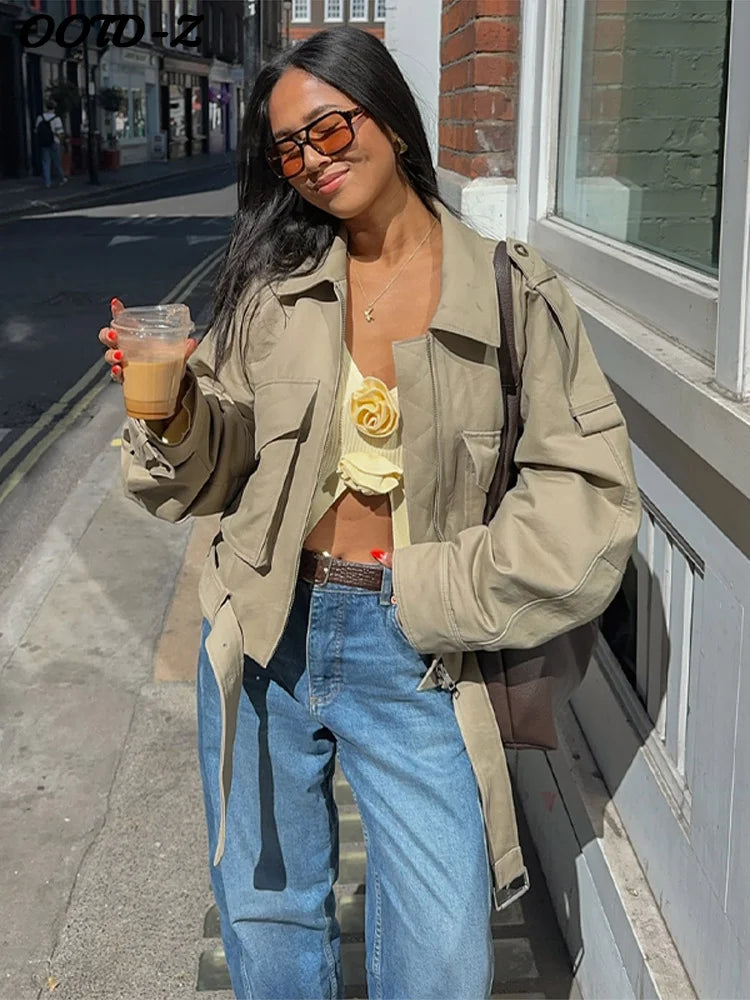 Zipper Lapel Women Coat Full Sleeve Pocket Lady Jacket 2025 Fashion Vintage Elegant All Match Autumn Loose Female Outwear
