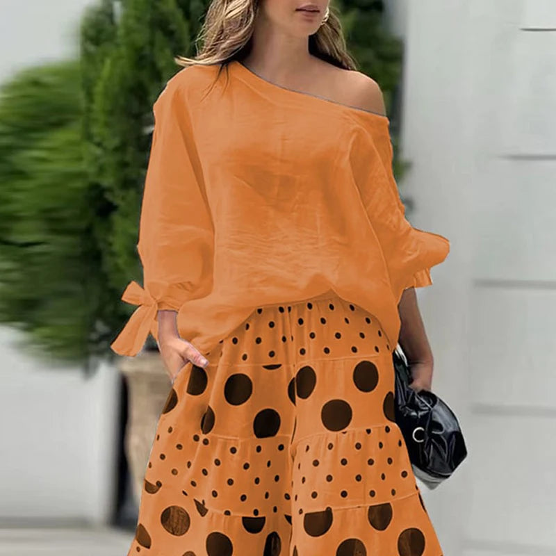 Fashion High Street Outfits Casual Diagonal Neck Hollow Top with Wide Leg Pants Sets Summer Loose Polka Dot Printed Women Suit