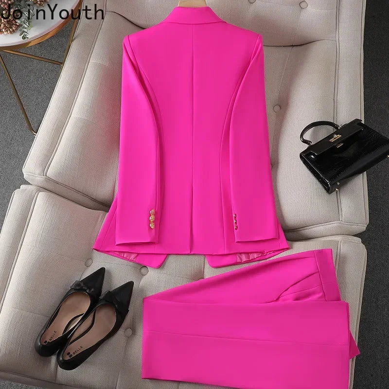 Elegant 2 Piece Set Women's Clothing Double-breasted  Blazer Coat High Waist Straight  Pants Suit Korean Femme Office Outfits