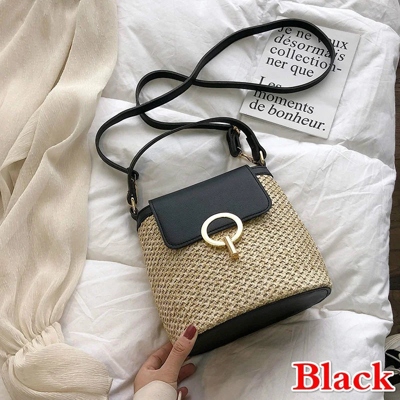 1 Pcs Beach Vacation Woven Women's New Fashion Trend Korean Version Versatile Fashion Handheld Crossbody Bucket Bag