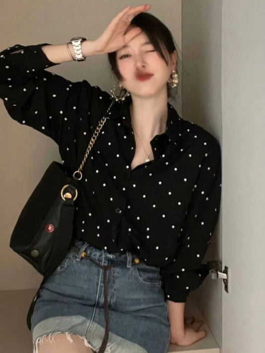 Retro Polka Dot Button up irt Spring 2025 New Hepburn Sle Loose Long Sve Open Cardigan Top Trendy Commute Straight Cut