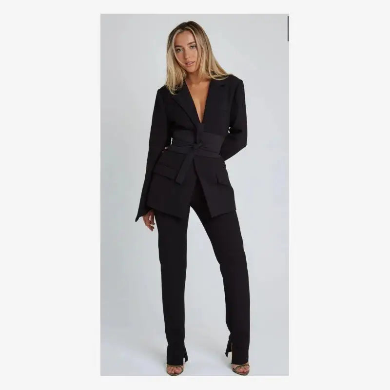 Faionable Casual Women's Suit Spring 2024 Pure Color Belted Street Sle Long Sve Office Wear Tee Button Cuff