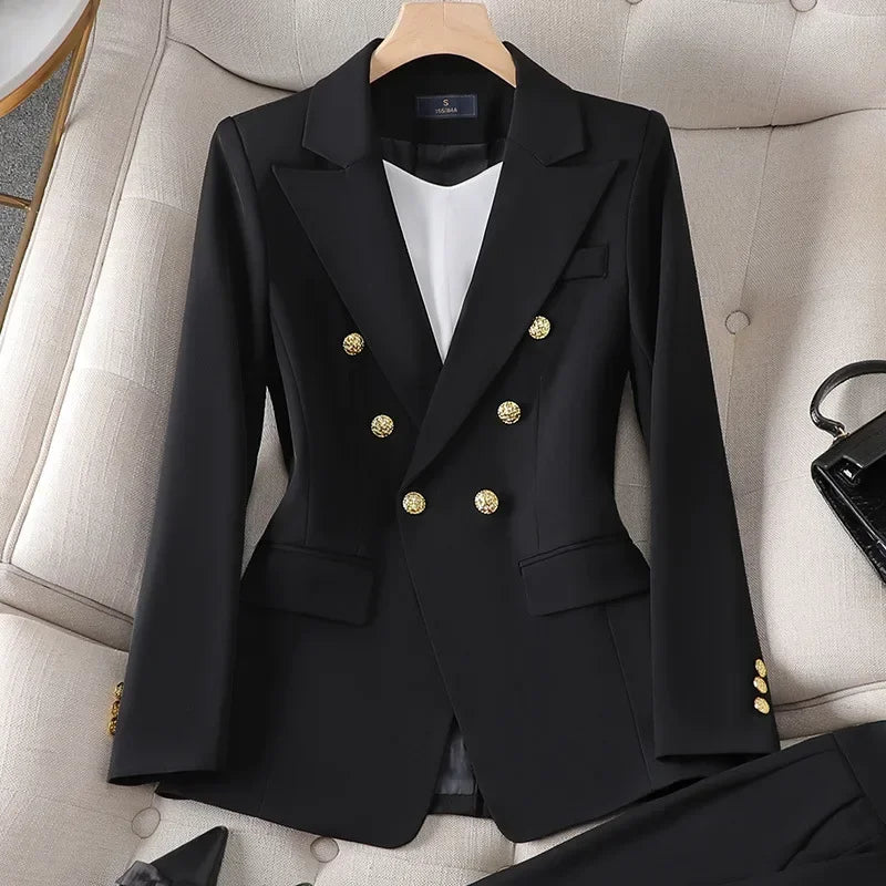 Elegant 2 Piece Set Women's Clothing Double-breasted  Blazer Coat High Waist Straight  Pants Suit Korean Femme Office Outfits