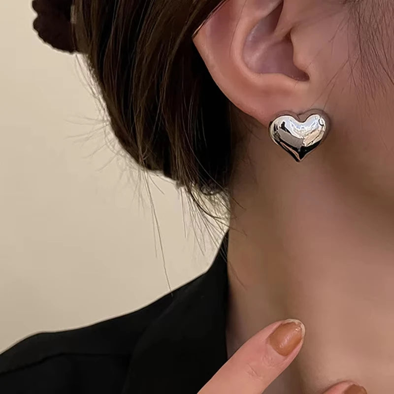 FTCY Gold Color Metal Heart Stud Earrings for Women Simple Design Trendy Elegant Wedding Bride Jewelry Girl Gift