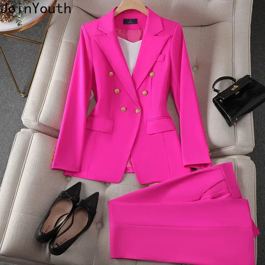 Elegant 2 Piece Set Women's Clothing Double-breasted  Blazer Coat High Waist Straight  Pants Suit Korean Femme Office Outfits