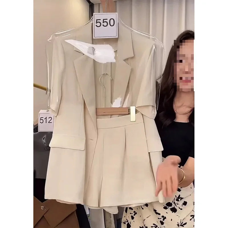 Millet White Short Sleeve Suit Set Women Summer New Style Elegant Thin Short Sleeve Suit Shorts Two Piece Set Polyester Fiber