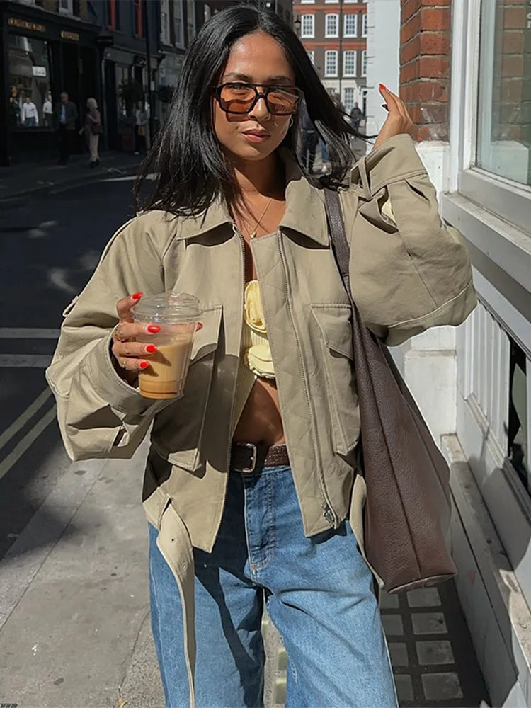 Zipper Lapel Women Coat Full Sleeve Pocket Lady Jacket 2025 Fashion Vintage Elegant All Match Autumn Loose Female Outwear