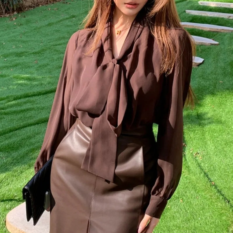 Women's Spring Summer Brown Chiffon Blouse Bow Tie Collar Oversized Tops Female Elegant Shirts Female 2025