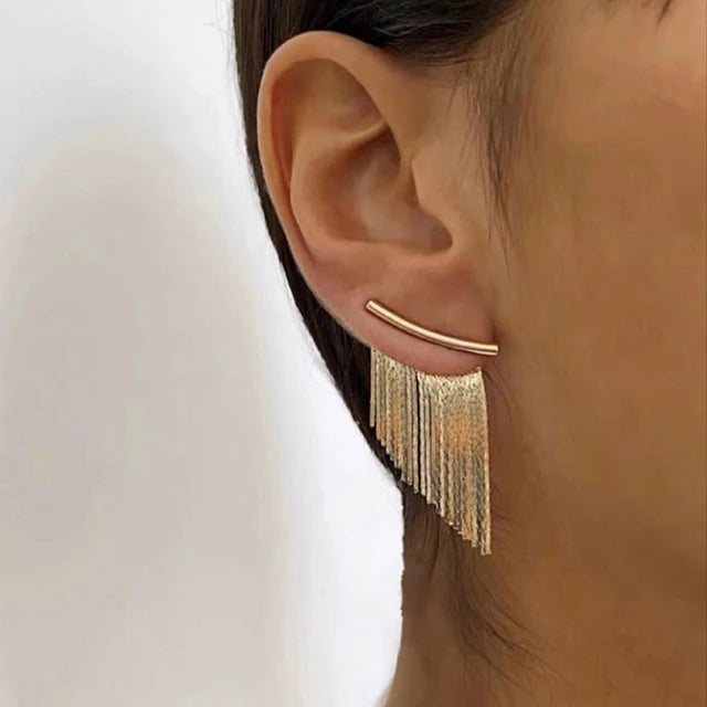Fashion Statement Gold Color Long Metal Chain Bling Tassel Earrings for Women Wedding Ms Daily Hot Jewelry Pendant Gift